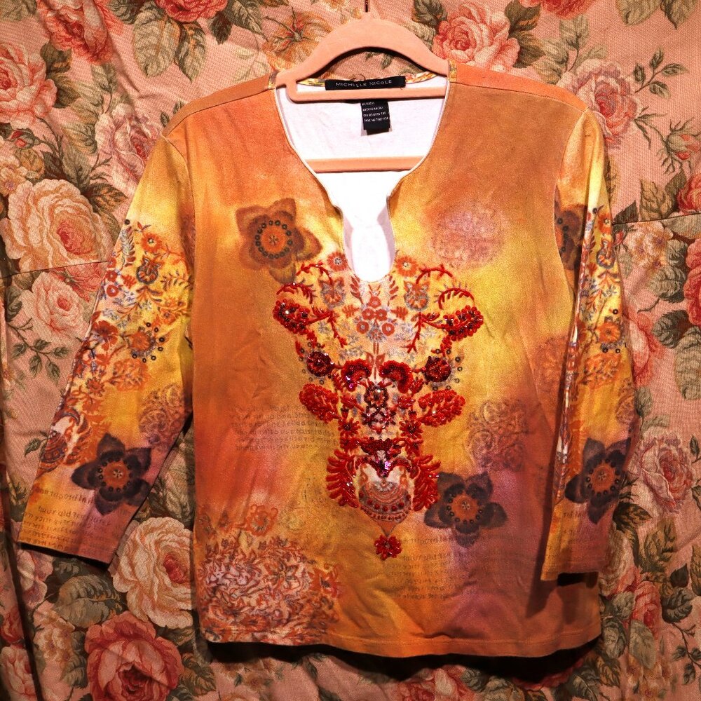 Colorful Hand Beaded Sequin Floral Long Sleeve Boho Top Cotton Spandex Size L